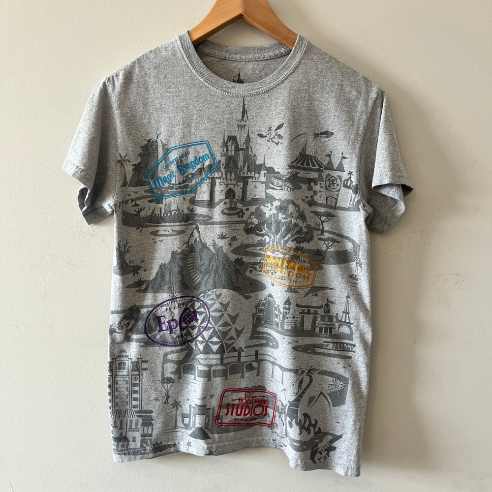 Disney Parks Four Parks Map Graphic T-Shirt Gray Small All Over Print Tee